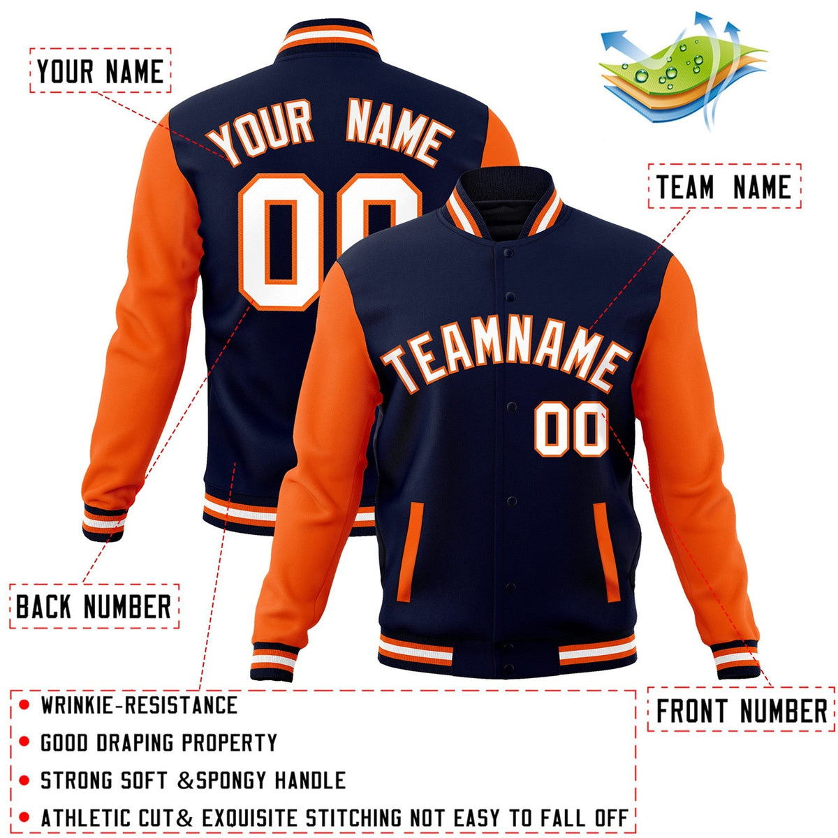 Custom Navy White-Orange Varsity Jacket Full-Snap Embroidered Logo & Name Letterman