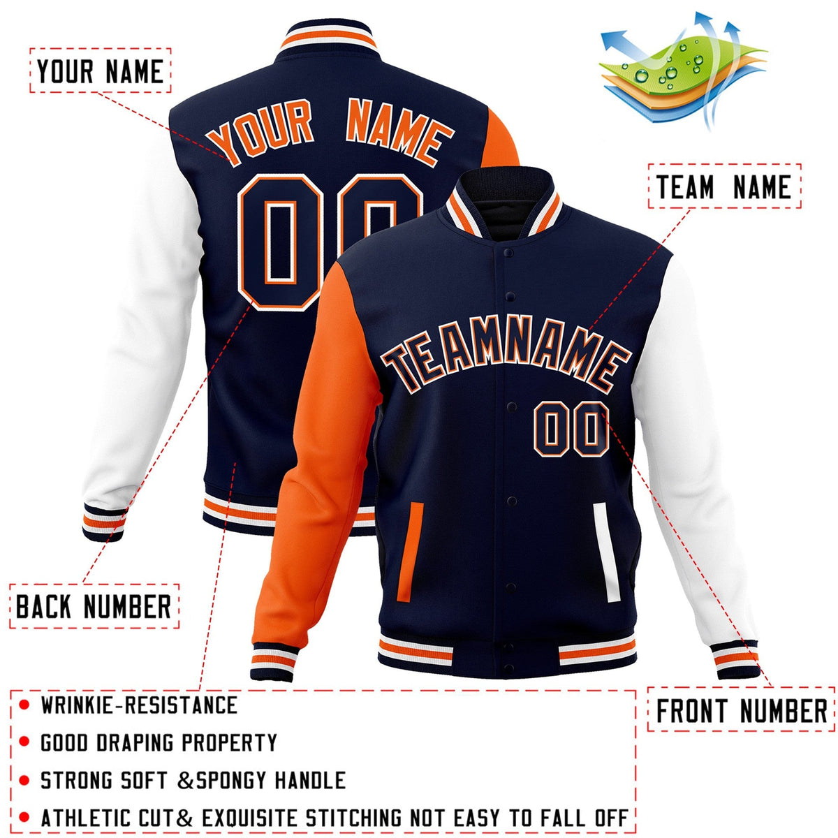 Custom Navy Navy-Orange Varsity Jacket Full-Snap Embroidered Logo & Name Letterman