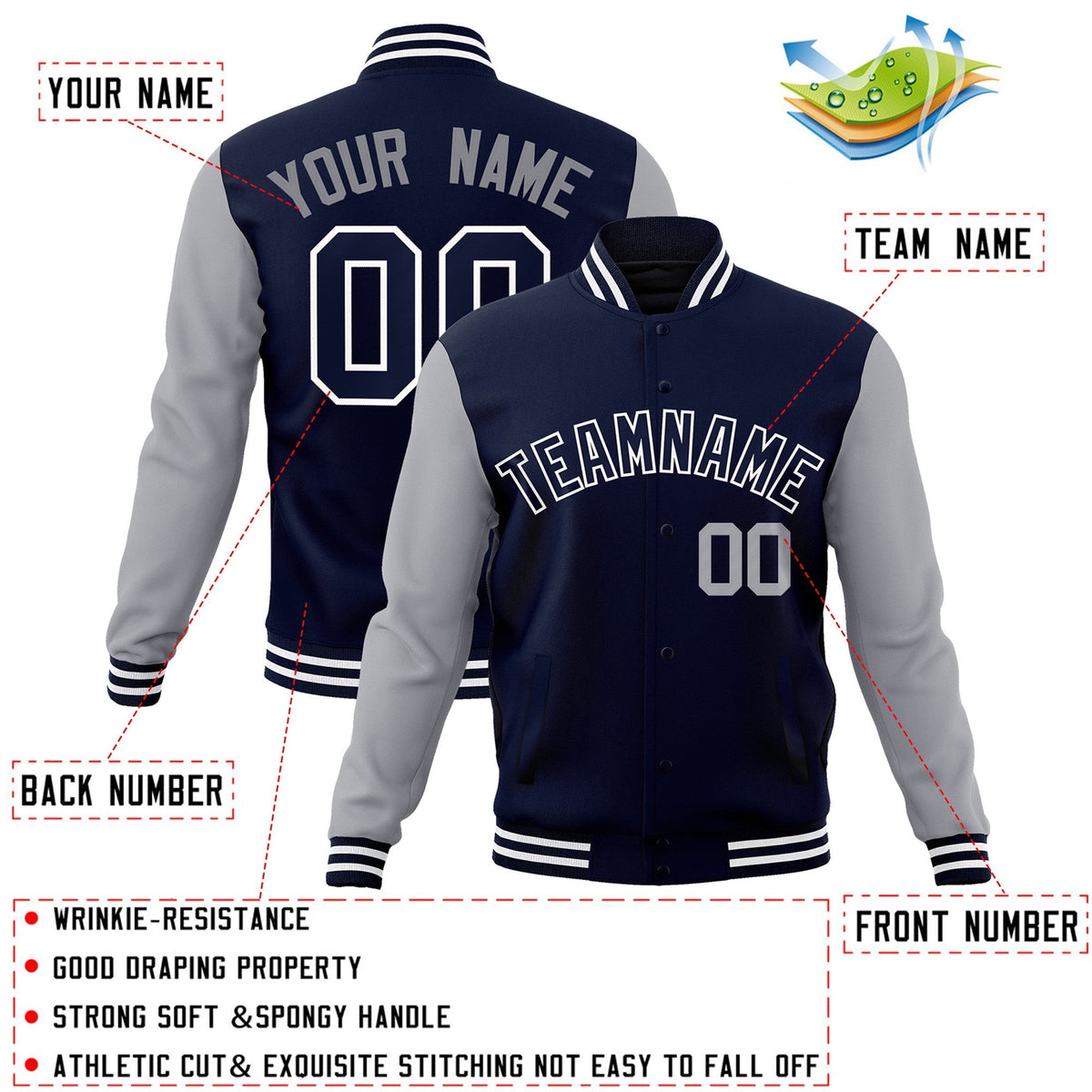 Custom Navy Navy-White Varsity Jacket Full-Snap Embroidered Logo & Name Letterman