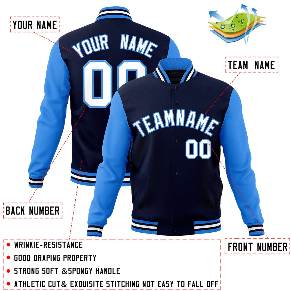 Custom Navy White-Powder Blue Varsity Jacket Full-Snap Embroidered Logo & Name Letterman