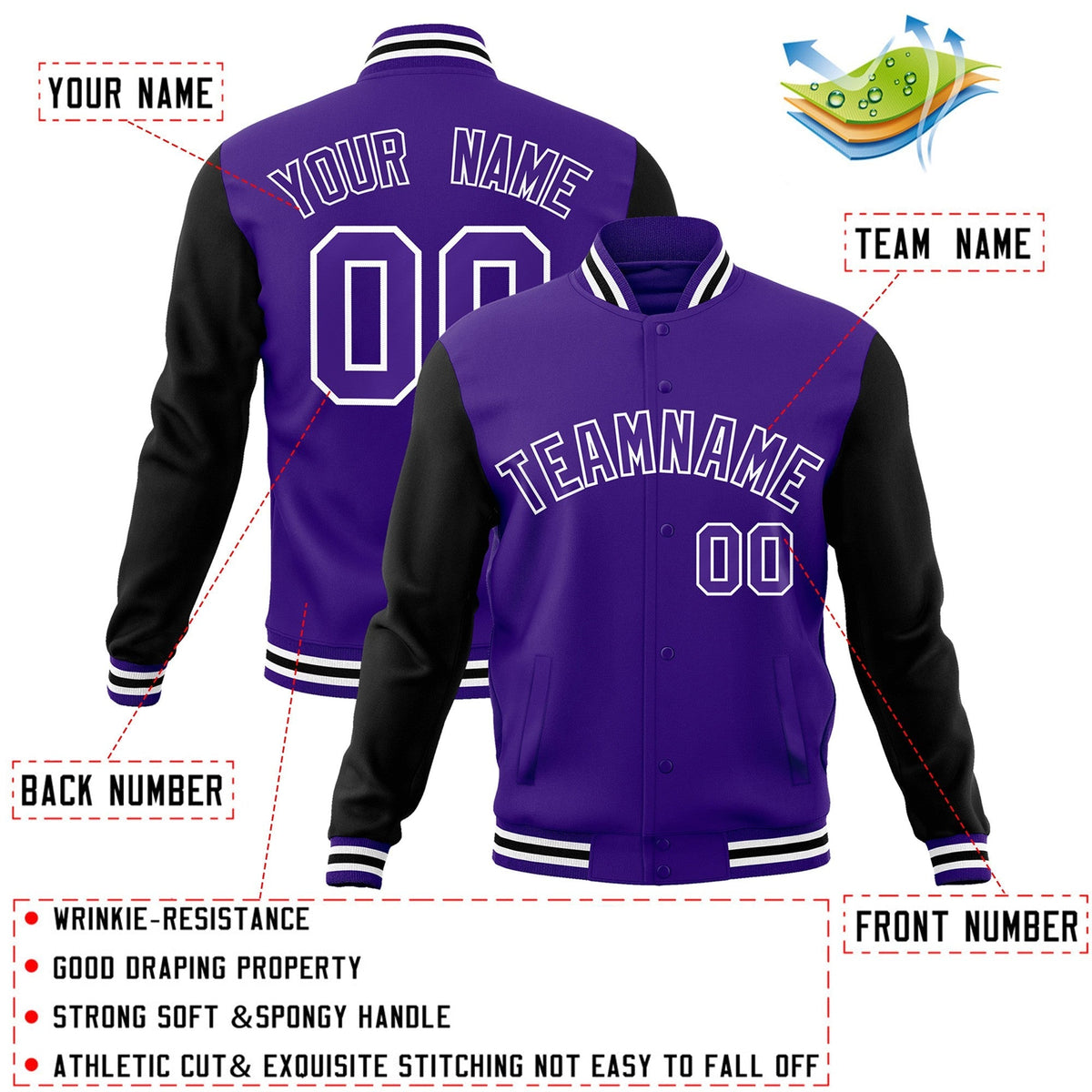 Custom Purple Black-White Varsity Jacket Full-Snap Embroidered Logo & Name Letterman