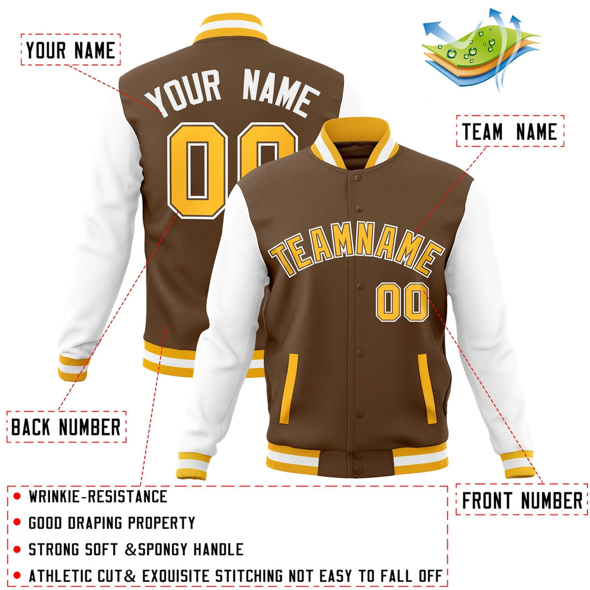 Custom Light Brown Gold-Light Brown, Jacket Varsity Jacket Full-Snap Embroidered Logo & Name Letterman