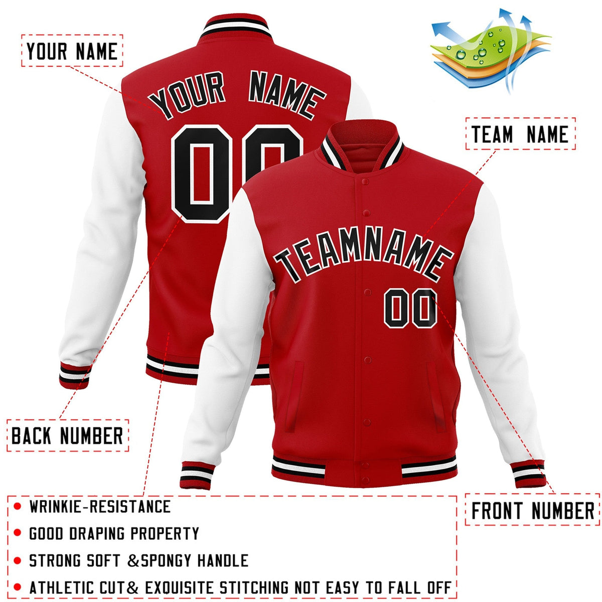 Custom Red Black-White Varsity Jacket Full-Snap Embroidered Logo & Name Letterman