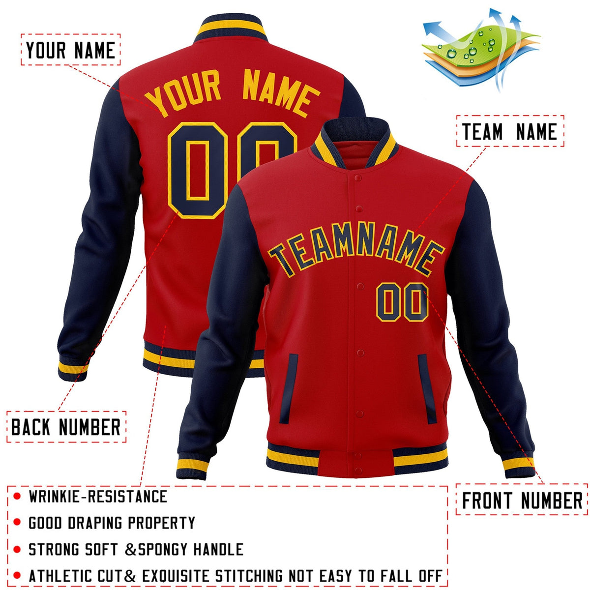 Custom Red Navy-Gold Varsity Jacket Full-Snap Embroidered Logo & Name Letterman