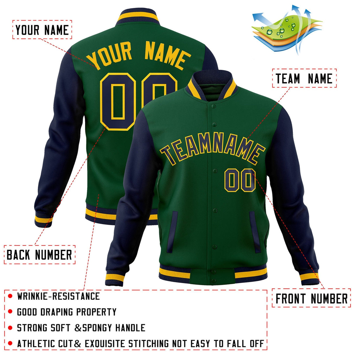 Custom Green Navy-Gold Varsity Jacket Full-Snap Embroidered Logo & Name Letterman
