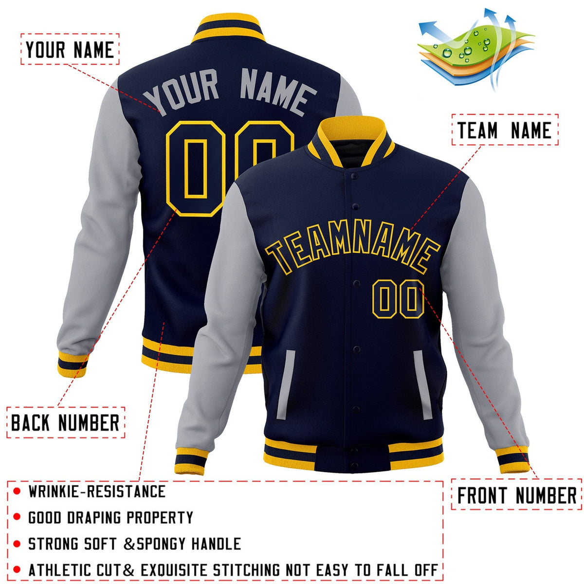 Custom Navy Gold Varsity Jacket Full-Snap Embroidered Logo & Name Letterman