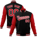 Custom Black & Red & White Color Block Cotton-Blend Full-Snap Varsity Jacket - front view