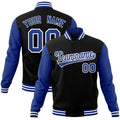 Personalized Black & Royal Blue & White Color Block Cotton-Blend Full-Snap Varsity Jacket - front view