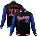 Custom Black & Royal Blue & White Color Block Cotton-Blend Full-Snap Varsity Jacket - front view