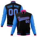 Personalized Black & Powder Blue & Pink Color Block Cotton-Blend Full-Snap Varsity Jacket - front view