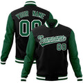 Custom Black & Green & White Color Block Cotton-Blend Full-Snap Varsity Jacket - front view