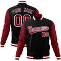 Custom Black & Crimson & White Color Block Cotton-Blend Full-Snap Varsity Jacket - front view