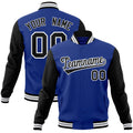 Personalized Royal Blue & Black & White Color Block Cotton-Blend Full-Snap Varsity Jacket - front view