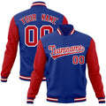 Custom Royal Blue & Red & White Color Block Cotton-Blend Full-Snap Varsity Jacket - front view