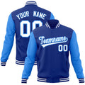 Custom Royal Blue & White & Powder Blue Color Block Cotton-Blend Full-Snap Varsity Jacket - front view