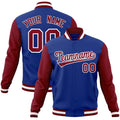 Custom Royal Blue & Crimson & White Color Block Cotton-Blend Full-Snap Varsity Jacket - front view