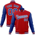 Personalized Red & Royal Blue & White Color Block Cotton-Blend Full-Snap Varsity Jacket - front view
