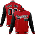 Custom Red & Black & White Color Block Cotton-Blend Full-Snap Varsity Jacket - front view