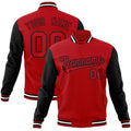 Custom Red & Black & White Color Block Cotton-Blend Full-Snap Varsity Jacket - front view