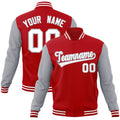 Custom Red & Gray & White Color Block Cotton-Blend Full-Snap Varsity Jacket - front view