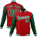 Custom Red & Green & White Color Block Cotton-Blend Full-Snap Varsity Jacket - front view