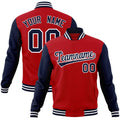 Personalized Red & Navy & White Color Block Cotton-Blend Full-Snap Varsity Jacket - front view