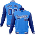 Custom Powder Blue & Royal Blue & White Color Block Cotton-Blend Full-Snap Varsity Jacket - front view