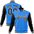Custom Powder Blue & Black & White Color Block Cotton-Blend Full-Snap Varsity Jacket - front view