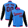 Personalized Powder Blue & Black & Pink Color Block Cotton-Blend Full-Snap Varsity Jacket - front view
