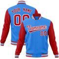 Custom Powder Blue & Red & White Color Block Cotton-Blend Full-Snap Varsity Jacket - front view
