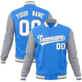 Custom Powder Blue & White & Gray Color Block Cotton-Blend Full-Snap Varsity Jacket - front view