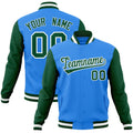 Personalized Powder Blue & Green & White Color Block Cotton-Blend Full-Snap Varsity Jacket - front view