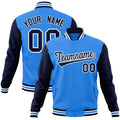 Custom Powder Blue & Navy & White Color Block Cotton-Blend Full-Snap Varsity Jacket - front view