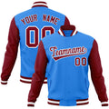 Custom Powder Blue & Crimson & White Color Block Cotton-Blend Full-Snap Varsity Jacket - front view