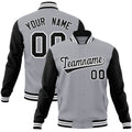 Personalized Gray & Black & White Color Block Cotton-Blend Full-Snap Varsity Jacket - front view