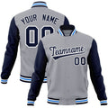 Custom Gray & Navy & White Color Block Cotton-Blend Full-Snap Varsity Jacket - front view