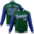 Custom Green & Royal Blue & White Color Block Cotton-Blend Full-Snap Varsity Jacket - front view
