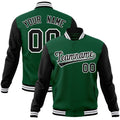 Custom Green & Black & White Color Block Cotton-Blend Full-Snap Varsity Jacket - front view