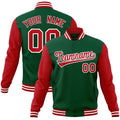 Personalized Green & Red & White Color Block Cotton-Blend Full-Snap Varsity Jacket - front view