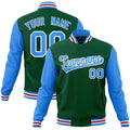 Custom Green & Powder Blue & White Color Block Cotton-Blend Full-Snap Varsity Jacket - front view
