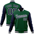 Personalized Green & Navy & White Color Block Cotton-Blend Full-Snap Varsity Jacket - front view