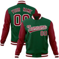 Custom Green & Crimson & White Color Block Cotton-Blend Full-Snap Varsity Jacket - front view