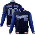 Custom Navy & Royal Blue & White Color Block Cotton-Blend Full-Snap Varsity Jacket - front view