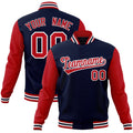 Personalized Navy & Red & White Color Block Cotton-Blend Full-Snap Varsity Jacket - front view