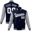 Custom Navy & White Color Block Cotton-Blend Full-Snap Varsity Jacket - front view