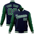 Personalized Navy & Green & White Color Block Cotton-Blend Full-Snap Varsity Jacket - front view
