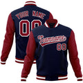 Custom Navy & Crimson & White Color Block Cotton-Blend Full-Snap Varsity Jacket - front view