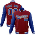 Custom Crimson & Royal Blue & Khaki Color Block Cotton-Blend Full-Snap Varsity Jacket - front view