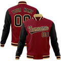 Personalized Crimson & Black & Khaki Color Block Cotton-Blend Full-Snap Varsity Jacket - front view