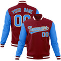 Custom Crimson & Powder Blue & White Color Block Cotton-Blend Full-Snap Varsity Jacket - front view